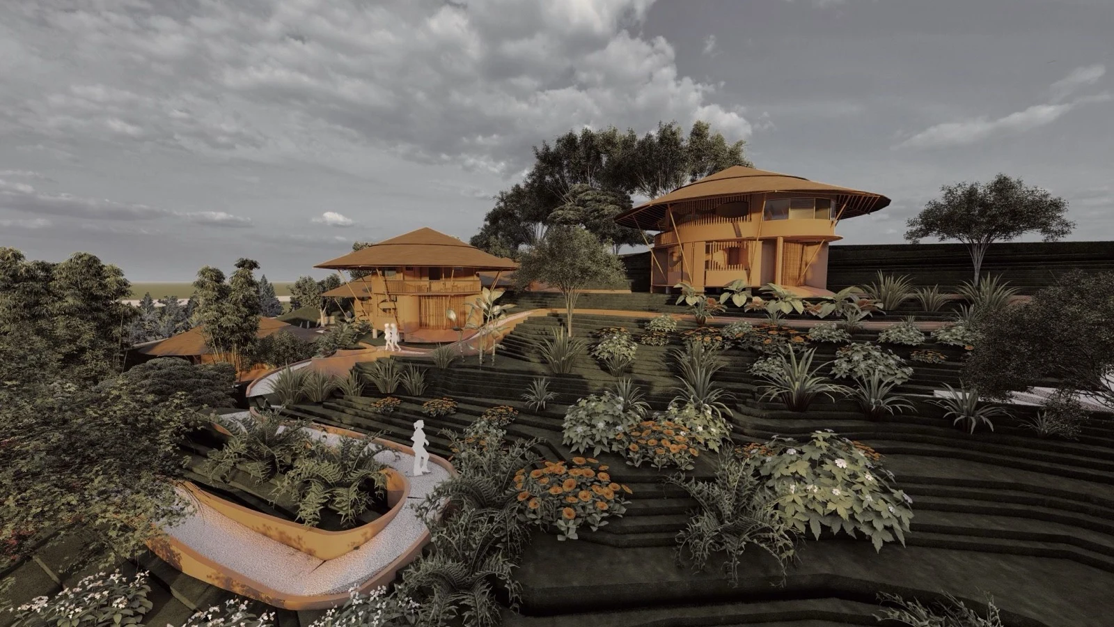Render de las viviendas de bambú en la ladera