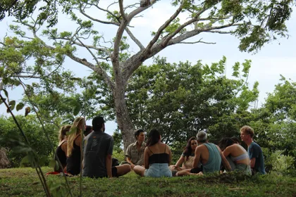 Círculo de personas sentadas bajo un árbol