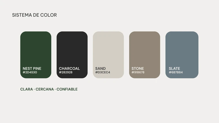 Lámina "Sistema de color": verde pino, carbón, arena, piedra y pizarra