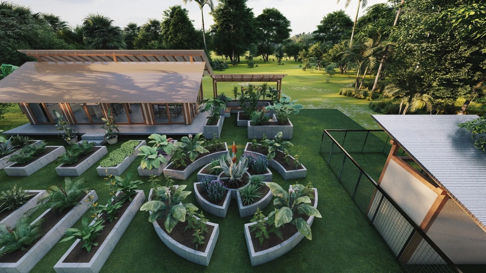 Render del conjunto de camas de cultivo