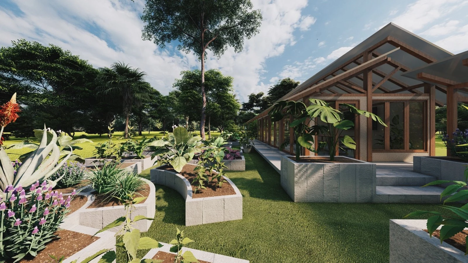 Render de la huerta con el comedor al fondo
