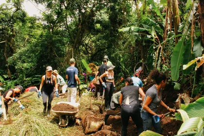 Grupo trabajando la tierra en un curso de permacultura