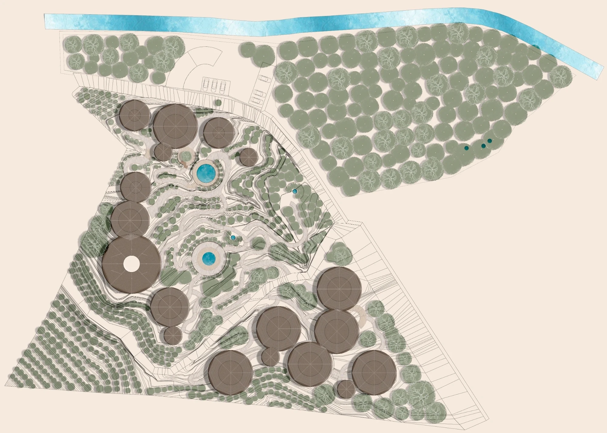 Plano del conjunto con el río, el bosque y las viviendas