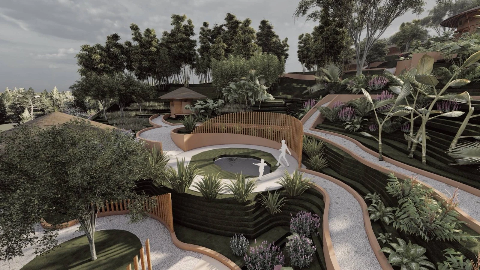 Render de senderos y un espejo de agua entre jardines