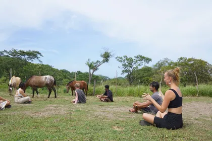 Práctica de yoga al aire libre junto a caballos en Tierramor
